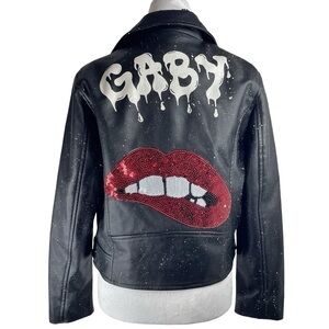 BROWNY STANDARD Women’s Leather Jacket/White Paint Splatter/Graffiti/Sequin S